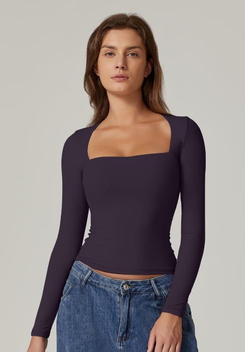 QINSEN Women's Sexy Square Neck Shirt Long Sleeve Double Lined Tees Fitted Going Out Tops - Image 4