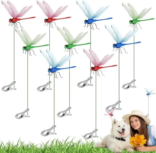 12 PCS Dragonfly Clip Fake Dragonflies Humming Bird Stakes Plastics Dragonfly for Garden Stakes Decor Yard Ornaments Deer and Horse Fly Scare Devices for Indoor Outdoor