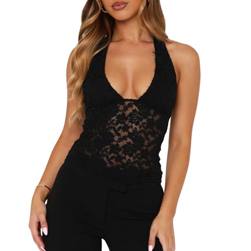 Women Lace Halter Top Y2k Sexy Backless Sheer Mesh Going Out Tops