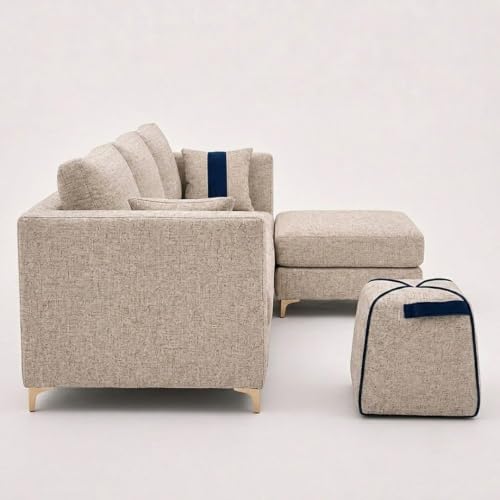 Image of FURNY Signature Cresta 5-Seater L-Shape Sofa Set with Movable Ottoman & Suri Pouf | Flexible LHS /RHS Layout | Boucle Weave Fabric | 40D Foam + Zigzag Spring | 3-Yr Warranty (Sandstone Beige)