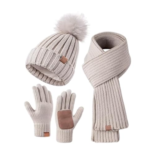 Womens Beanie Hat Scarf Gloves Set Warmer Hat with Pom Pom Long Knit Scarf Touchscreen Gloves for Cold Weather3