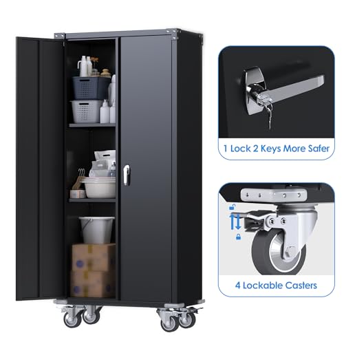 SUPEER Metall Besenschrank, Putzmittelschrank, Mehrzweckschrank, Metall Garage Aufbewahrungsschrank mit Rädern, Besen Schrank Aufbewahrungsschrank mit hängender Stange180x80x40cm(Schwarz)