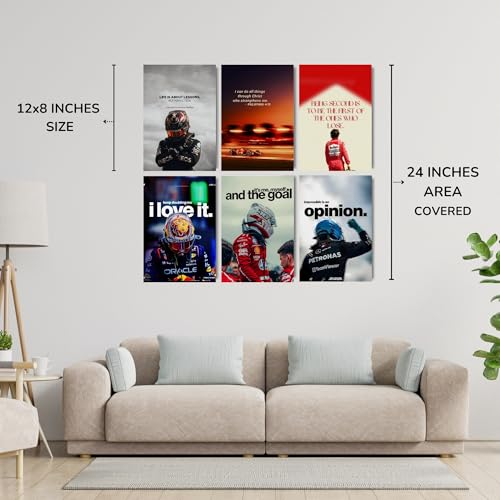 Image of Posters Inc Sports F1 Cars Motivational Posters for Wall A4 Size Aesthetic Setup 300 GSM Matte Paper Pack of 6 Automotive Motorsport Decor for Boys Gaming Room, Bedroom, Home & Office with Adhesive