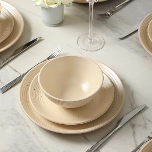 Image of Stone Lain Lauren Modern Stoneware 32-piece Round Dinnerware Set, Plates and Bowls Set, Dish set for 8, Beige