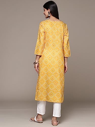 Image of ishin Women's Silk Ethnic Motifs Mustard Straight Kurta