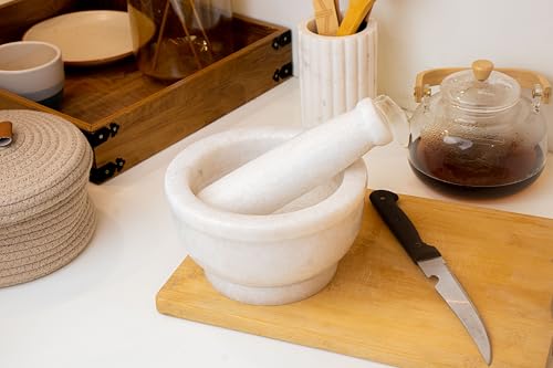 Image of B R & SONS Marble Mortar Pestle 7 Inch White - Imam Dasta Khalbatta Okhli Kharal Large Kitchen Spice Grinder Set