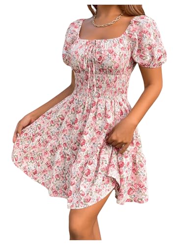 Damen A Linie Sommerkleid U-Ausschnitt Skaterkleid Rüschensaum Blumenkleid Print Urlaubkleid Kurzkleid mit Puffärmel – Bild 6