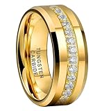 TUTISS 8mm Gold Tungsten Rings for Men Women Couple Eternity Anniversary Engagement Wedding Bands Fashion Jewelry CZ Stone Inlay Beveled Polished Shiny Comfort Fit Size 13