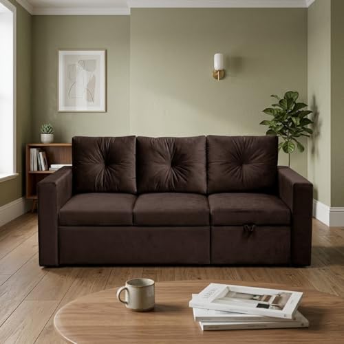 Image of FURNY Tira 4 Seater RHS Lounger Sofa Cum Bed (Dark Brown) with Pull-Out Function | Luxury Velvet Suede Finish | Durable Comfort | Ideal for Living Room