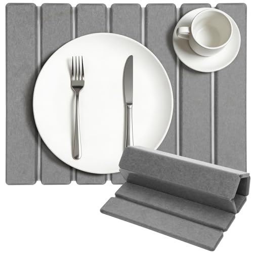 Image of Stone Dish Drying Mat for Kitchen Counter, 16''x12'' Quick Dry Stone Dishes Mats Foldable Foldable Water Absorbing Diatomaceous Earth Drying Organizer Pad for Dishes Utensils Bottles(Dark Gray)