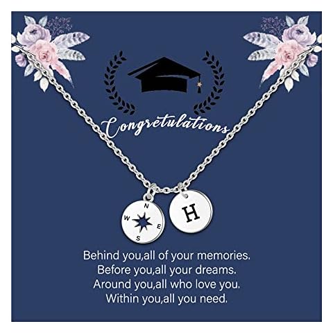 GLIVEOR Graduation Gifts for Her, Sterling Silver Over Compass Initial Necklace Graduation Gifts Graduation Necklace College Graduation Gifts for Her(H) Cover