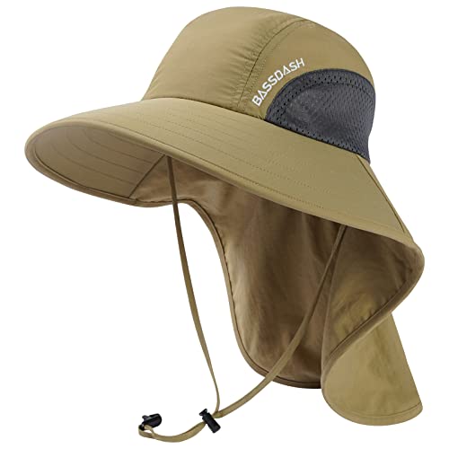 Image of BASSDASH UPF 50+ Unisex Water Resistant Wide Brim Sun Hat with Large Neck Flap Ponytail Fishing Hat for Men Women