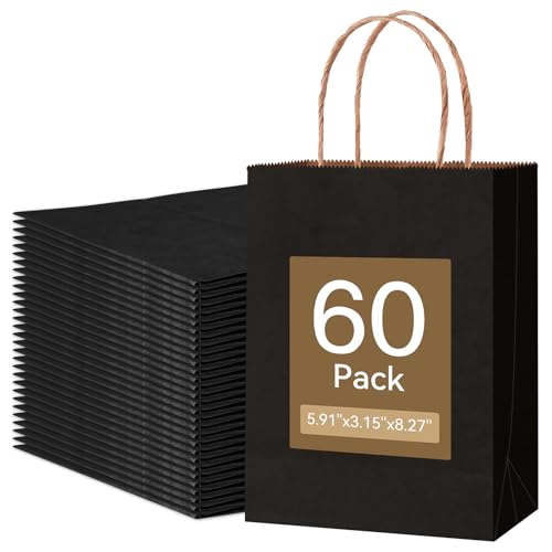 Qioxiou 60 Pack Black Gift Bags 5.91x3.15x8.27 Small Kraft Paper Gift Bags with Handles Bulk, Black Paper Sacks for Small Business, Retail, Shopping, Merchandise, Grocery, Wedding Birthday Party Favor