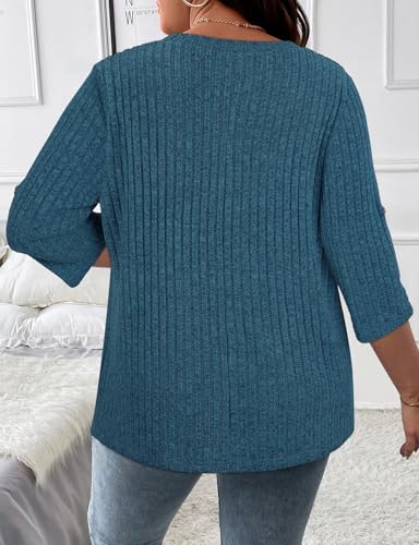 Image of Koscacy Women Plus Size V Neck 3 /4 Roll Sleeve Sweater Casual Knit Tops Solid Color Blouses
