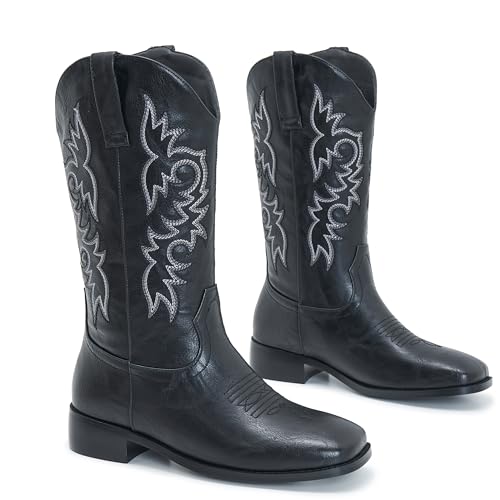Image of Cowgirl Boots Square Toe Cowboy Boots For Women Ladies Mid Calf Low Heel Flat