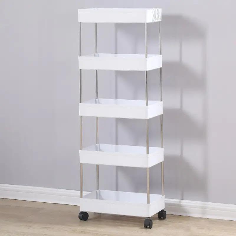 Multipurpose Plastic Kitchen Storage Trolley Rack with Wheels, Slide Out Storage Shelves Space Saving Home Storage Organizer Racks, Rolling Utility Cart, 5 Layer Stackable Shelf Cart Shelf (White)-image-43