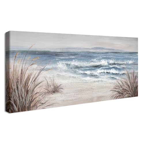 Wooden Framed Large Canvas Wall Art Blue Ocean White Wave Abstract Painting On Canvas Prints Poster Wall Artworks Coastal Beach Seascape Pictures for Living Room Bedroom Home Wall Decoration 50x120cm