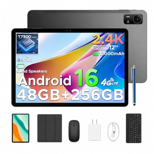 Image of P12 Pro Tablet Android 16 (2026), 2.4K 120 Hz Android Tablet 12 Inch, 48GB RAM+256GB ROM, T7300 CPU, 12000mAh, Gemini AI, 13MP+8MP, Widevine L1, WiFi 5, Bluetooth 5.4, Tablet with Pen - Gray