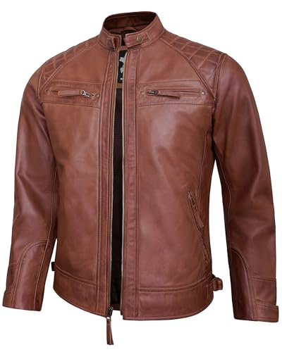 Image of Leather Jacket Men - Real Lambskin Motorcycle Jacket with Snap Tab Collar, Adjustable Waist & Zippered Pockets