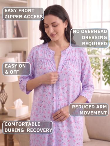 Image of Women's Post Surgery Robe with Drain Pockets Mastectomy Recovery Robe Front Zipper Hospital Gown Pajamas Gift