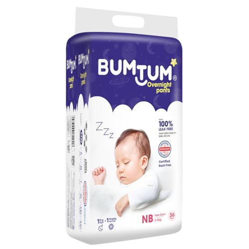 Image of Bumtum Baby Overnight Diaper Pants - Size NB (2-5 kg), 36 Count | All night Absorption with Pillow Soft Comfort | No Leak | 100% Rashfree | With soothing Chamomile Microbial Layer | Pack of 1