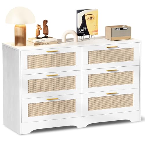 Image of Redlife White Dresser for Bedroom, 6 Drawer Dresser with Golden Handles, Wood Storage Chest of Drawers for Closet, Living Room, Hallway and Entryway - Easy Assembly