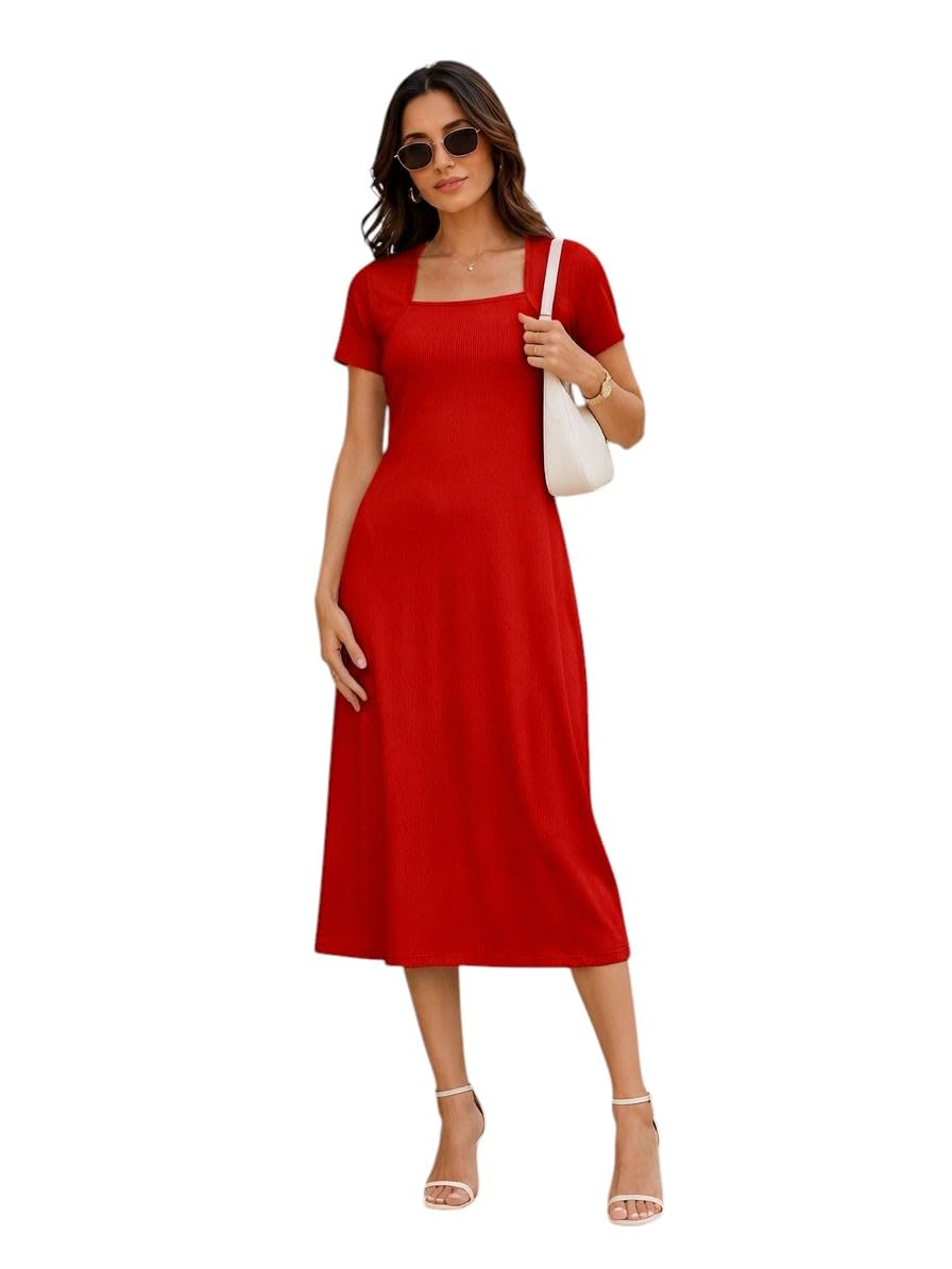 oomph! Women's Ribbed Stretchable Midi Dress | Square Neck | Short Sleeve | Soft Stretch Knit Bodycon Sheath Casual Western Dress-picture-26
