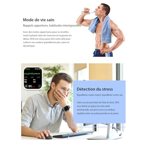 Blackview W30 - Montre Connectée Sport - Écran 1,91" - +100 Modes d'Entraînement - Notifications - Résistance Immersion 10m - Autonomie 7 Jours - Micro - Noir