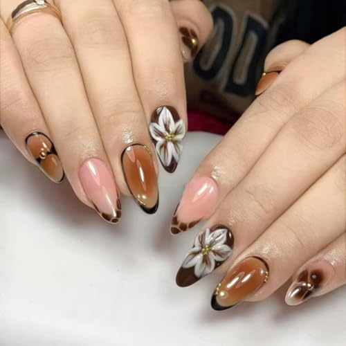 Image of Brown Press on Nails Flower Fake Nails with Leopard print Design French Tip Glue on Nails Medium Almond False Nails Glossy Full Cover Acrylic Ombre Stick on Nails for Women Manicure 24Pcs