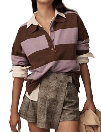 Image of Womens Striped Sweater Rugby Polo Shirts Y2k Collar Pullover Tops | Rugby Shirt,Long Sleeve Knit Top,Lapel V Neck Jumper,Oversized,Casual Outings Streetwear,Preppy Sweater,Fall Winter Clothes