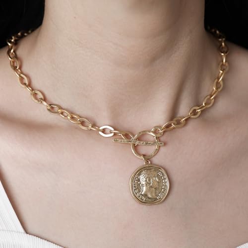 MISS SECRET Chunky Gold Necklaces for Women Coin Statement Necklace Antique Silver and Gold Chain Thick Toggle Pendant Trendy Fashion Jewelry3