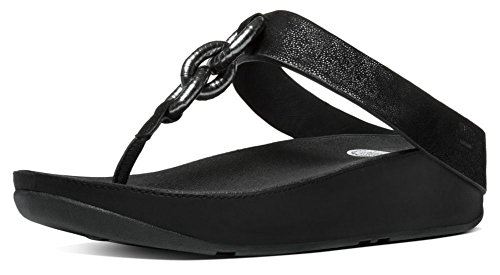 FitFlop Women's Superchain Leather Toe-Thong Sandals Flip Flop, Black, 5 M US