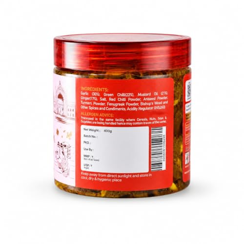 Image of LUCKNOW'S AROURA ACHAR SINCE 1944 Royal Lehsun,Adrak & Hari Mirch Ka Achar 400g for Home Use Home Made With Love No Artificial Colors
