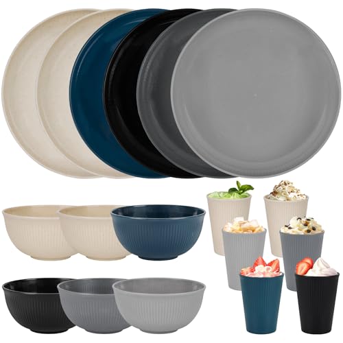 Service de table incassable pour 6 personnes, lot de 18 assiettes et bols pour adultes, assiettes en plastique réutilisables, tasses, bols pour fête,...