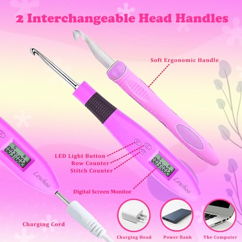 Image of Lewhoo 18 Size Counting Light Up Crochet Hook,Digital Crochet Hooks with Stitch Counter,Lighted Metal Crochet Needle with Case