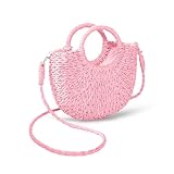 QTKJ Mini Semi-circle Rattan Straw Bag, Hand-woven Women Summer Retro Beach Tote Shoulder Bag Crossbody Travel Beach Bag (Bright Pink)