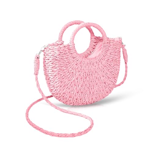 QTKJ Mini Semi-circle Rattan Straw Bag, Hand-woven Women Summer Retro Beach Tote Shoulder Bag Crossbody Travel Beach Bag (Bright Pink)