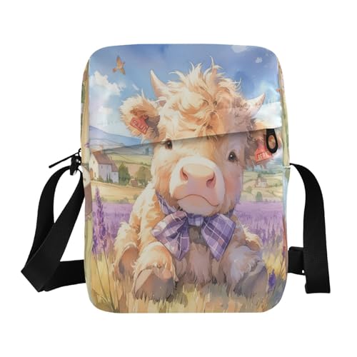 Lovely Brown Scottish Highland Cattle with Lavender men's messenger bag shoulder bag men Casual Purse Adjustable Strap for Casual Outdoor Daily