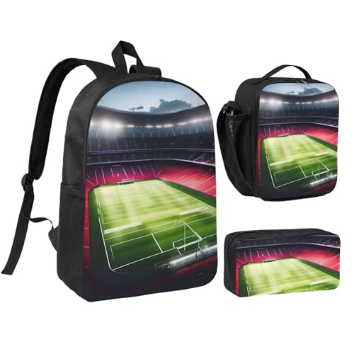DUWAA Juego de mochila con estampado nocturno de campo satdium de estadio de fútbol, bolsa de almuerzo, bolsa 3 en 1, juego de 17 pulgadas para mujeres y hombres universitarios, Negro -, Talla única