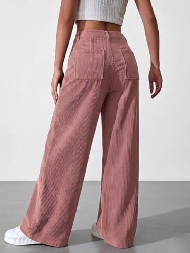 Image of SMOWKLY Women's Corduroy Mid Rise Wide Leg Korean Bottomwear with Pocket | Loose & Relaxed Fit Casual Baggy Trousers for Woman Elegant Workwear for Office, College & Events