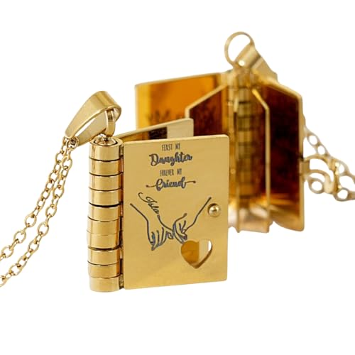 Image of Personalized Story Book Pendant Necklace, Stainless Steel Customizable Locket with Chain, Heart Charm Design, 18.5mm BookPendant, 45cm Chain Length, Gift for Women and Girls