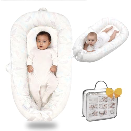 Image of Infant Support Cushion-Breathable and Soft Organic 100% Cotton, Portable Tummy Time Mat with Removable Support Cushion Cover, Floor Baby Support Cushion for Newborn - Purple Feathers