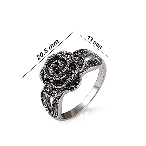 Rhinestone Black Flower Finger Ring For Women Brand Jewelry Vintage Style Size 7-94