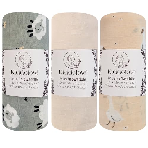 Image of Kiddolove Muslin Swaddle Blankets for Newborn – 3 Pack Large 47"x47" Receiving Blankets – Soft, Breathable & Gentle – Unisex Little Farm
