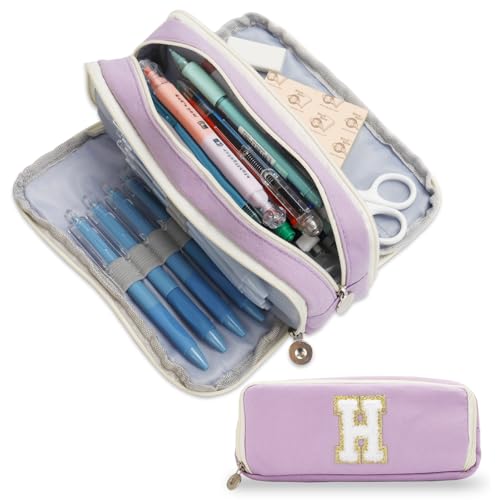 Image of Pencil Case for Girls Women, Initial Pencil Pouch with Zipper, Cute Pencil Bag for School Supplies, Aesthetic Pen Case Box for Kids Teen Girls - H(Purple)