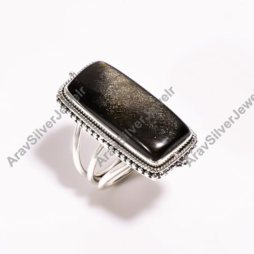 Bague obsidienne dorée pierre précieuse brune argent Sterling 925