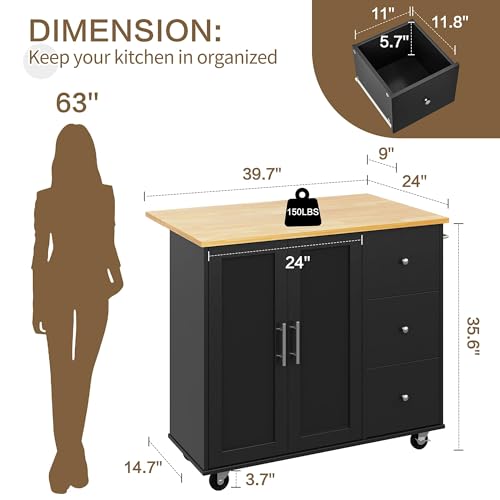 Image of SUNLEI Kitchen Island on Wheels with Storage Cabinet & Foldable Drop Leaf, Rolling Kitchen Table, Cart Handle for Towel Rack, Drop Leaf, Portable Islands for Kitchen (Classic Black, 39.7-INCH)