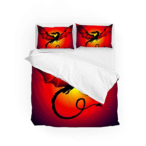 Parure de lit motif dragon malicieux rouge microfibre polyester King 3 pièces