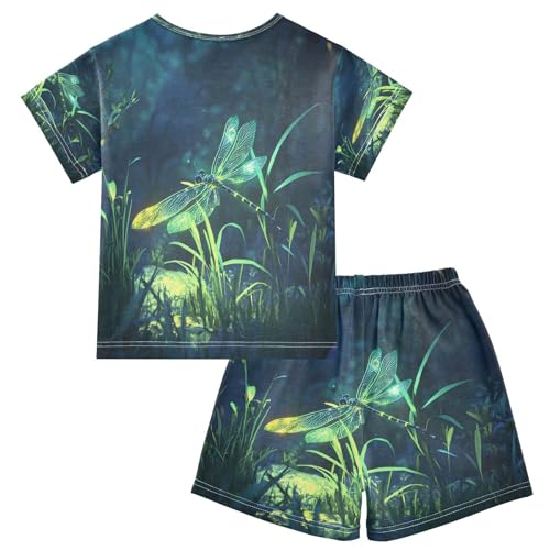 ALAZA Dragonfly Green Leaf Pajamas Set Short Sleeve Cotton Sleepwear Summer Pjs 2 Piece 5-14Y2