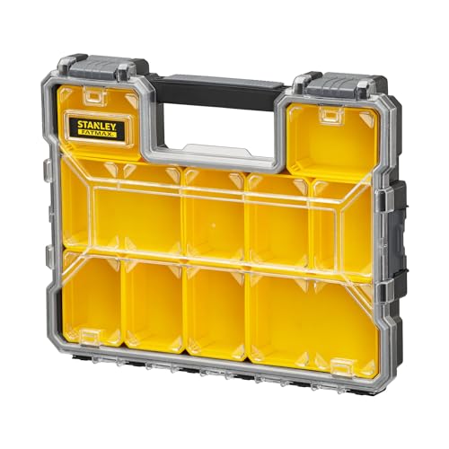 Stanley FatMax Werkzeug-Profi-Organizer (45 x 7 x 36 cm, flache Fächer, mit Klappdeckel und Kunststoffschnallen, 10 herausnehmbare Boxen) 1-97-519